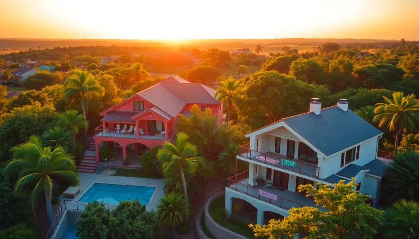 Stunning view of Airbnb houses for sale showcasing vibrant architecture in a scenic landscape.