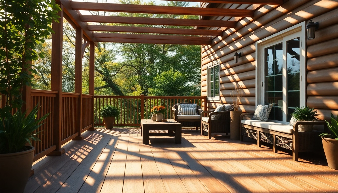 Explore deck construction showcasing a finely finished wooden deck with cozy seating, lush greenery, and warm sunlight.