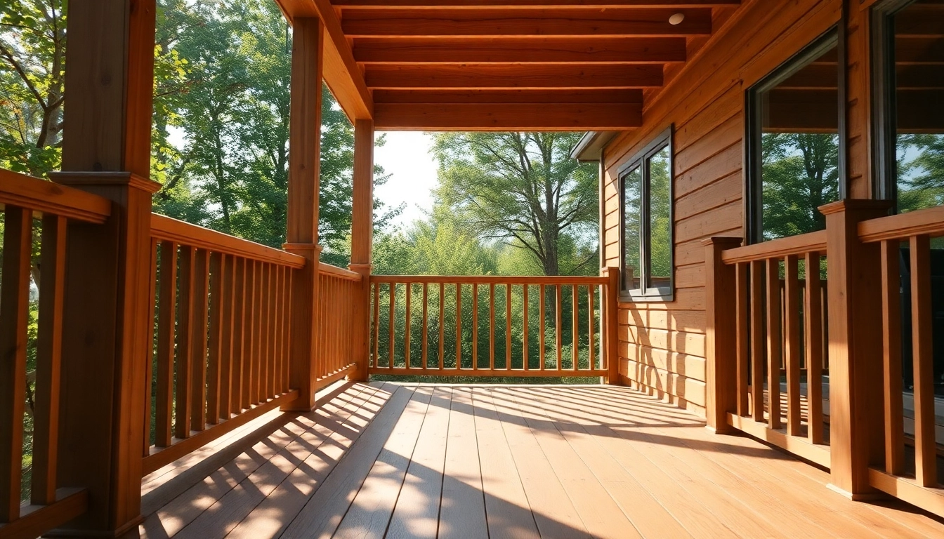 Showcase deck construction with detailed wooden beams and railings in a bright outdoor setting.