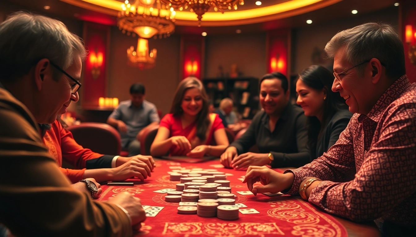 Engage in rummy wealth gaming with a thrilling table setting showcasing intense players and vibrant cards.