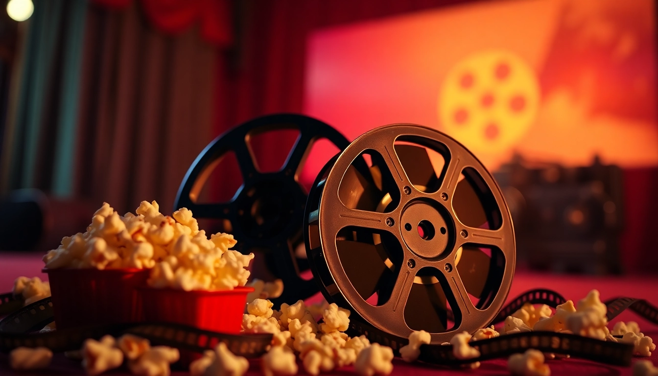 Download free public domain movies from an archive featuring vintage film reels and popcorn for a nostalgic experience.