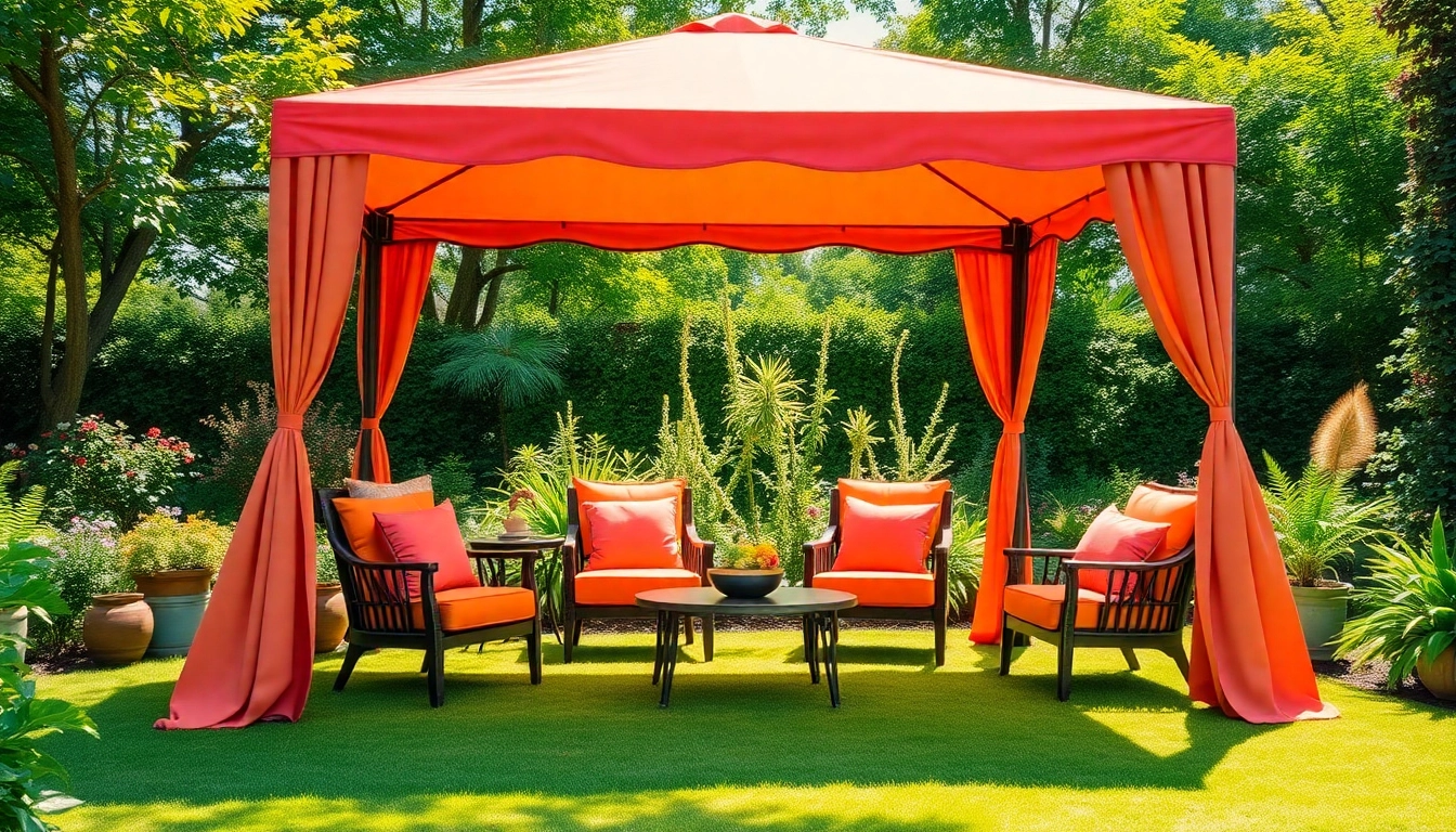 Set up a gazebo in Ireland's scenic gardens, featuring colorful decor and lush surroundings.