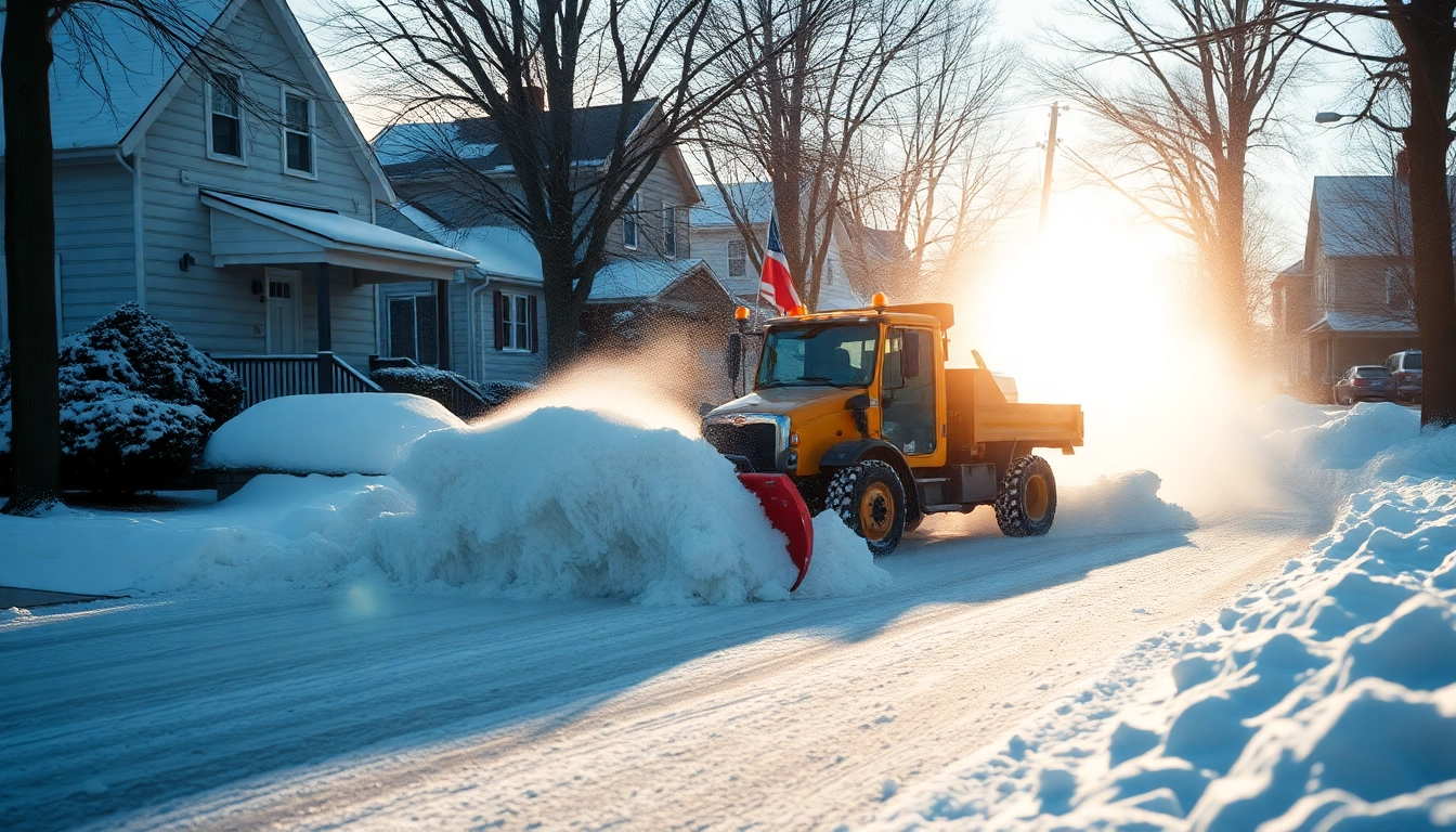 Snow plowing action as a plow clears snow from a residential street under bright sunlight.