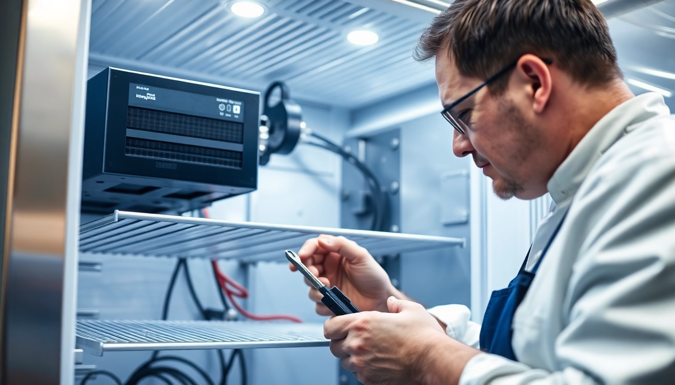 Technician engaged in chef base repair, highlighting detailed components and tools within a commercial refrigerator.