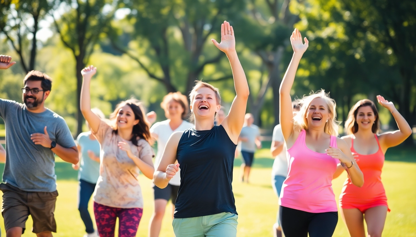 Celebrate healthylifestyle by showcasing a diverse group enjoying outdoor exercise in a sunny park.