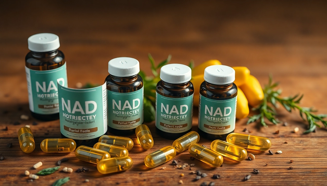 Showcase NAD Supplement capsules alongside herbal ingredients for natural wellness.