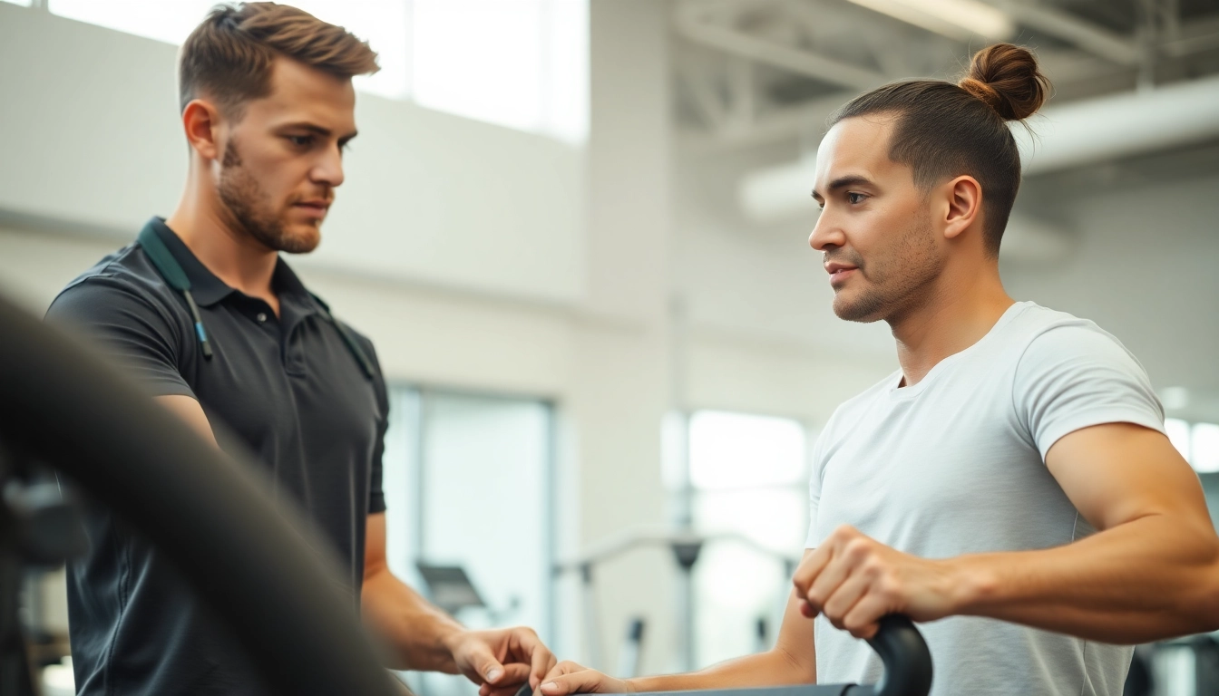 Effective Personal Trainer guiding client through workout with motivation and expertise in bright gym setting.