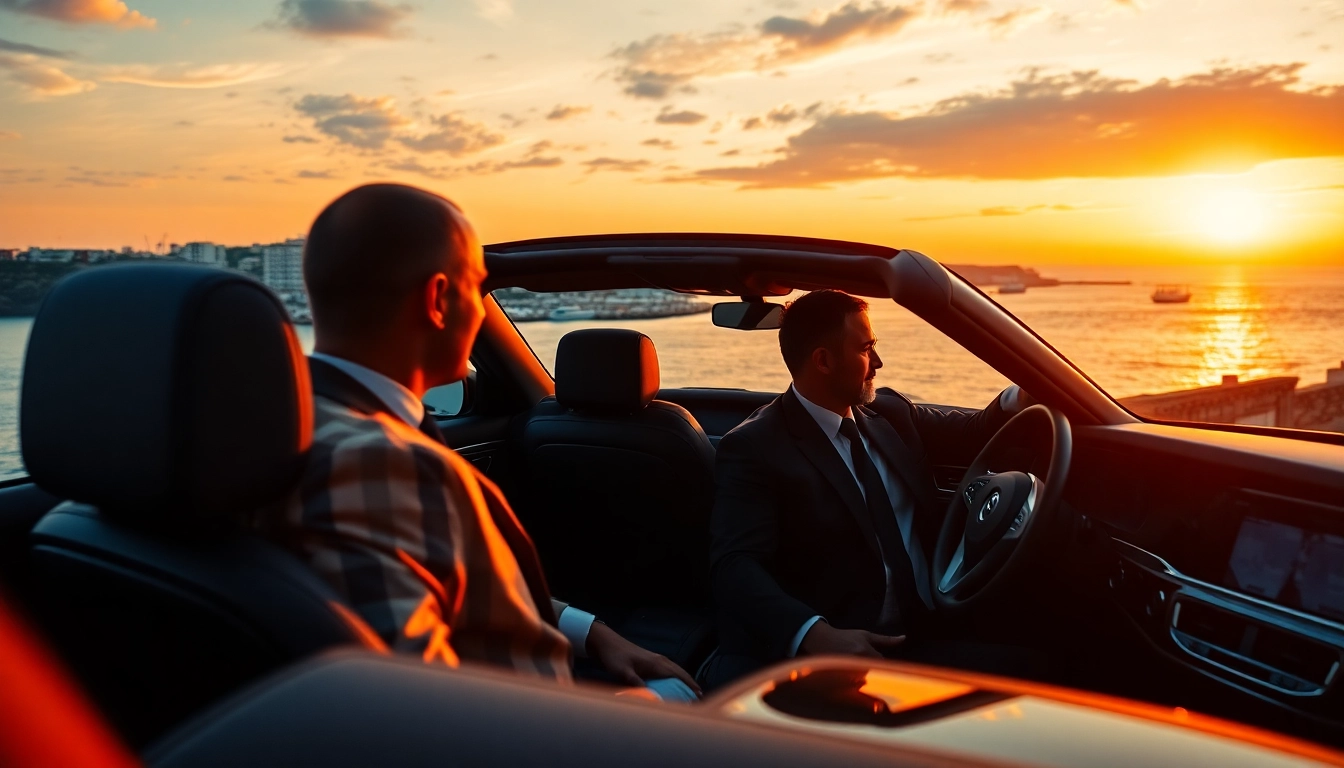 Experience luxury hire chauffeur Malta with a sophisticated driver in a top-tier vehicle by the beautiful coast.