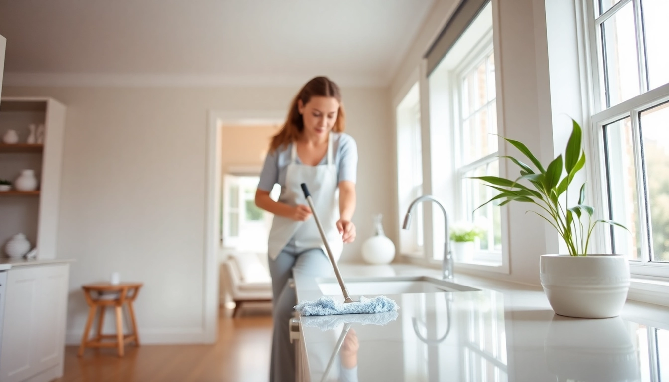 Professional bond cleaning Brisbane service showcasing a cleaner scrubbing a countertop for a spotless finish.