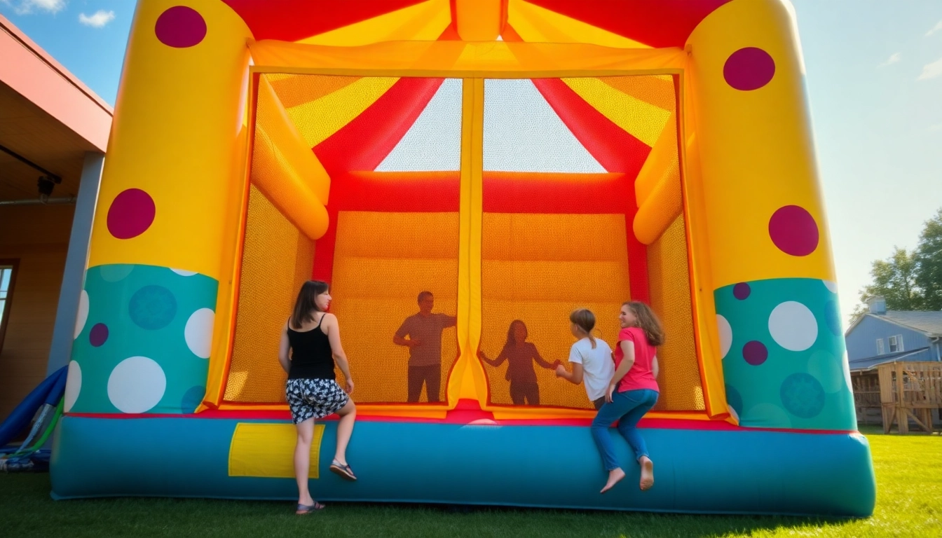 Adults enjoying a lively Adult Bounce House in a bright outdoor setting.