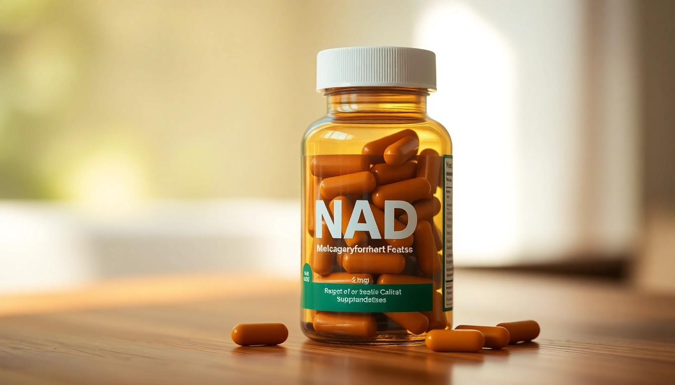 Showcase NAD Supplement capsules in a glass bottle, emphasizing their vibrant colors and health benefits.