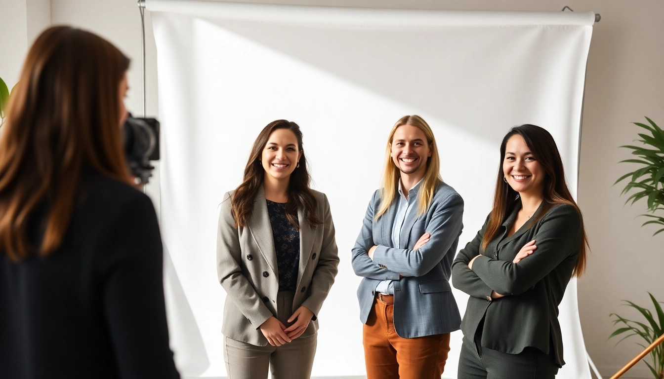 Capturing company headshots with a professional photographer in soft lighting and a neutral setting.