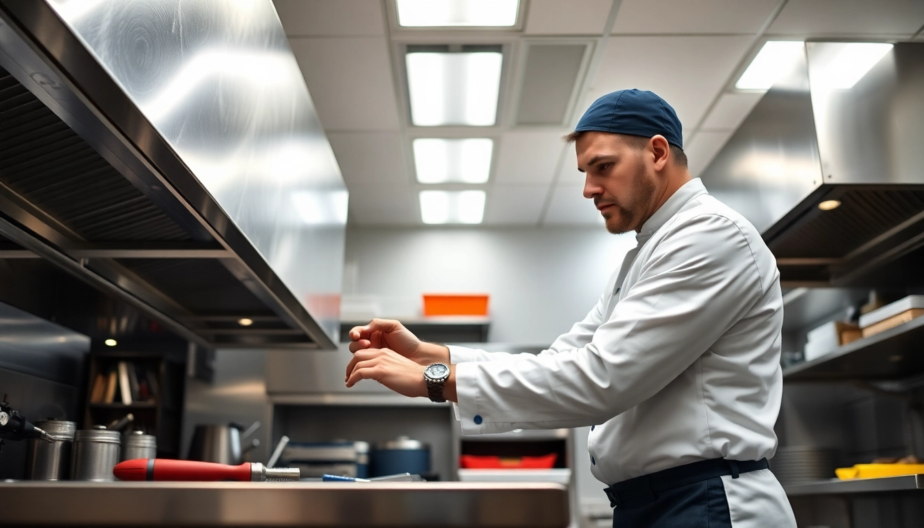 Technician performing chef base repair in a commercial kitchen environment with tools and parts.