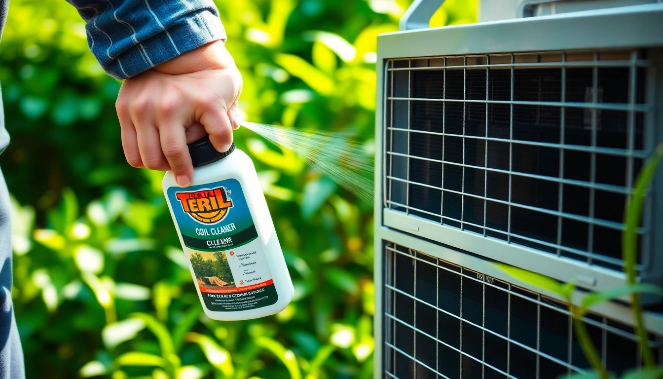 Cleaning air conditioner condenser coils diligently with specialized spray for optimal efficiency.